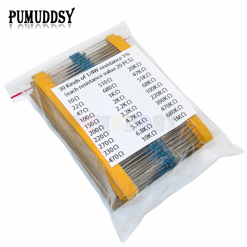 Resistor Kit 1 4W - 600pcs/set 30 Kinds 1/4W Resistance 1%